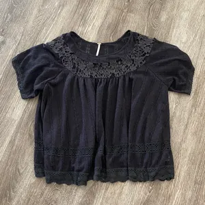 Free People boho crochet and lace short sleeve boxy top black medium thumbnail 5