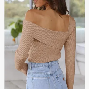 One-Shoulder Ribbed Asymmetrical Knit Top in Camel Brown Size S thumbnail 2
