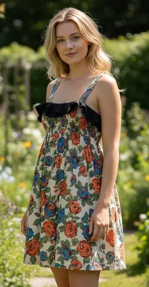 Audrey 3 +1 Floral Smocked Mini Dress‎ Rose Print Ruffle Neck Rayon DH4169 L thumbnail 1