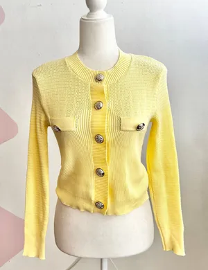 Yellow Ribbed Cardigan Gold Buttons Women’s Small Vintage‎ Inspired Preppy Knit thumbnail 1