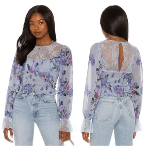 Lace Sheer Smocked Cropped Top thumbnail 2