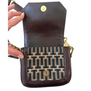 Tory Burch Mini Crossbody‎ Navy Brown Logo Jacquard Lock Bag thumbnail 5