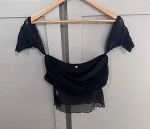 Black Mesh Off Shoulder Crop Top Sheer Flutter Sleeve Draped Sweetheart thumbnail 1