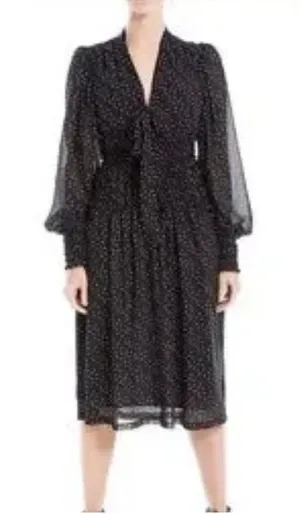 Max studio black polka dot smocked waist long sleeve dress size small thumbnail 1
