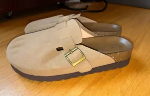 SheIn Taupe Suede Slide Sandals with Brass Buckle thumbnail 1