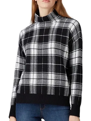 Lauren Ralph Lauren Sz Large Black White Plaid High Mock Neck Pullover Sweater thumbnail 1