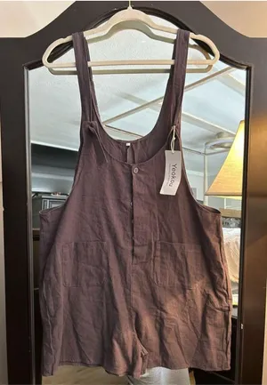 NEW Cotton Linen Romper Overalls Jumpsuit Shorts L Gray 85% Cotton, 15% Linen C thumbnail 1