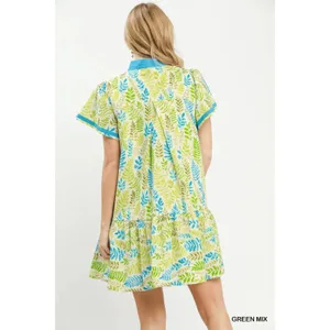 Umgee Leaf Print Flutter Sleeve Tiered Mini Dress - Green Mix - Small thumbnail 3