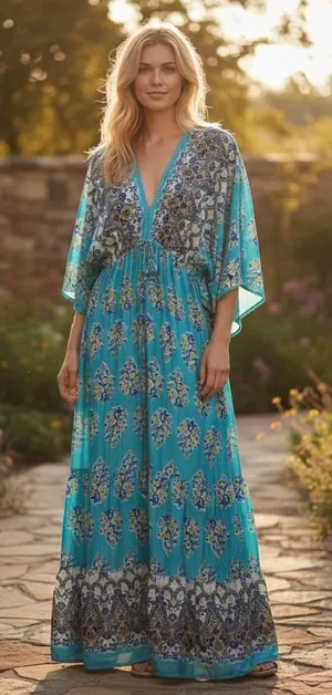 Women's Free Size Turquoise Boho Maxi Dress V-Neck Tassel Tie Kimono Sleeve‎ thumbnail 1