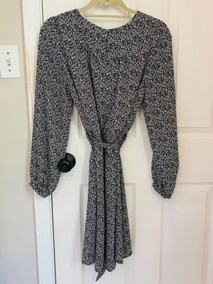 LOFT Ruffle Yolk Neck Tie Waist Long-Sleeve Floral Print Dress thumbnail 6
