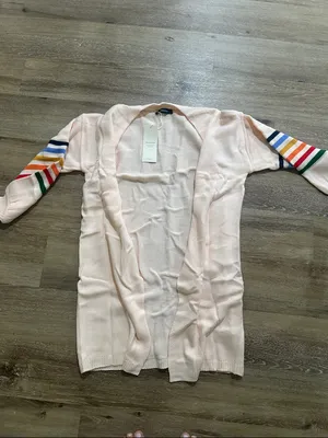 Open-Front Cream Cardigan with Multicolor Striped Sleeves thumbnail 2