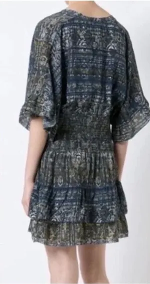 IRO‎ Dress 36 Tulsa Printed Silk Tiered Mini Snake Print Smocked Ruffle Green thumbnail 1