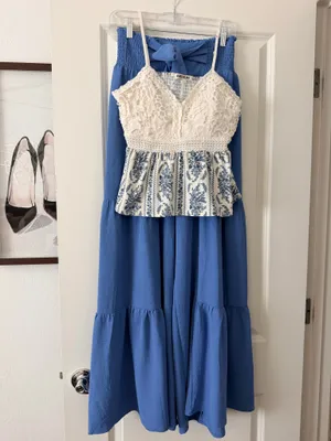 & Other Stories Crochet Lace Bodice Dress with Blue Floral Skirt - Blue and White thumbnail 4