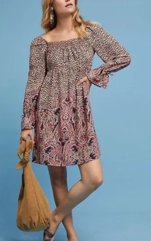 Maeve Anthropologie Milou Dress Cheetah Boho Mixed Print Peasant Flowy Medium thumbnail 1