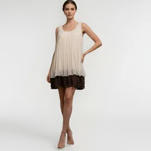 NEW Anthropologie Ryu Pleated Ruffle Babydoll Dress SMALL Sleeveless Beige/Brown thumbnail 2