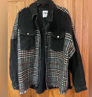 ZARA Contrast Black Denim & Tweed Plaid Mix Snaps Outer Jacket Shaket Size Large thumbnail 8