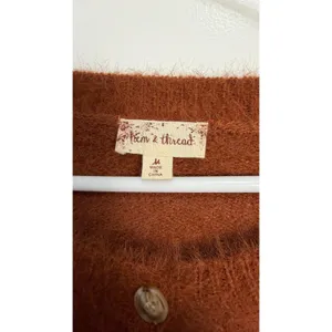 Hem & Thread Rust Orange Fuzzy Eyelash Knit‎ Star Embroidered Cardigan Sweater M thumbnail 4