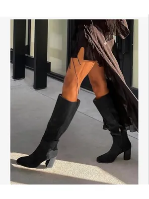 NEW Knee High Square Toe Chunky Block Heel Side Zipper Vegan Suede Long Boots 11 thumbnail 6