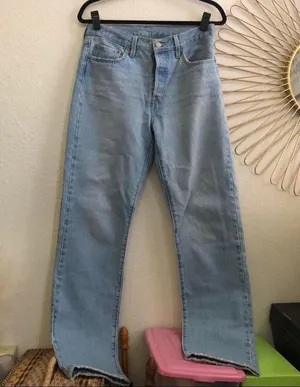 Levis 501 Denim Jeans 28x32 Light Wash Blue Straight Button Fly BIG E Frayed Hem Premium 12501-0373 Measurement in pics thumbnail 1