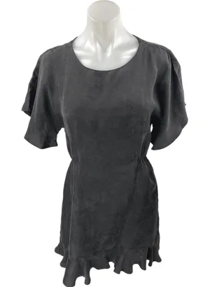 Zara Black Faux Suede Short Flutter Sleeve Zip Ruffle Mini A-Line Dress Size M thumbnail 1