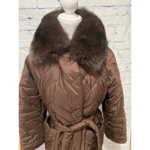 Monica Milano Brown Quilted knee-length, belted puffer coat with a fur collar 4 thumbnail 2