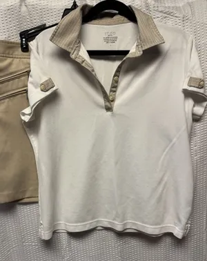 IZOD Women's Golf 2 piece Polo Skort‎ Set Tan White Zip Pockets Comfort Classic thumbnail 1