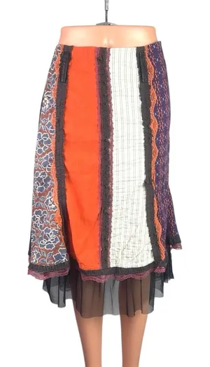 Des Filles a la Vanille Multicolor Patchwork Lace Floral Stripe Midi Skirt Sz M thumbnail 1