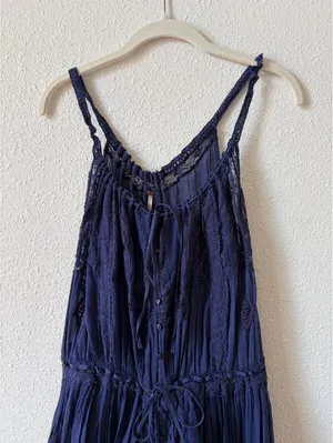 Free People Dolly Bodysuit Navy Size Medium Cottagecore Bohemian Lace Ruffle thumbnail 4