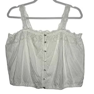 Lucky Brand White Eyelet Crop Top Button Front Square Neck Women's‎ Size L thumbnail 1