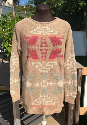 Lauren Ralph Lauren Women’s Cotton Linen Blend Aztec Southwest Sweater Size M thumbnail 1
