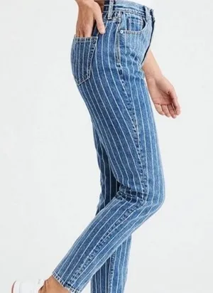 American Eagle Mom Jeans 10 Blue White Striped High Waist Ankle Denim Cotton thumbnail 1