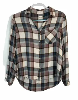 Altar'd State‎ Plaid Button Down Women Medium Brown Blue Plaid Flannel Style thumbnail 1
