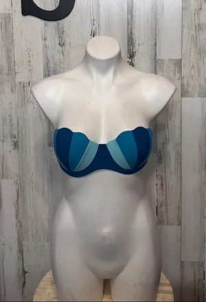 SheIn Blue Colorblock Scalloped Strapless Bikini Top Swimsuit Womens Small Push Up thumbnail 1