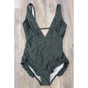 Cupshe Sweet Smile Solid One Piece Swimsuit Dark Green Ruffle Trim V-Neck Medium thumbnail 2
