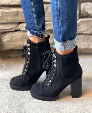 Top Moda Black Fleece Lug Sole ankle Bootie thumbnail 1