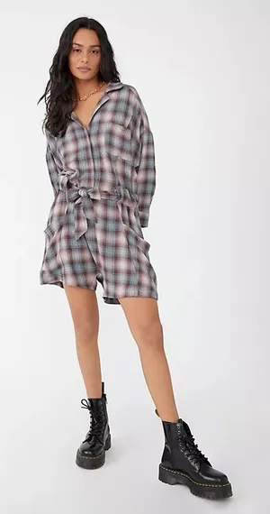 Free People Viscose Blend Before I Let Go Plaid Romper in Blue & Brown Tie Wasit thumbnail 1