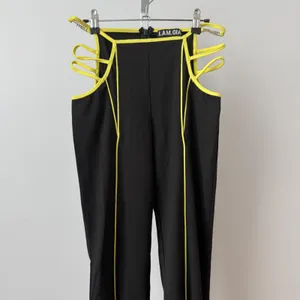 I.AM.GIA sz S Lucid Pant Black Neon Yellow Cut Out Strappy Flare‎ Rave Y2K thumbnail 3