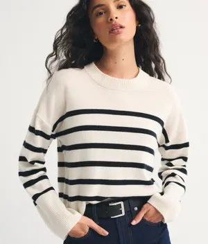 Zara Cream and Navy Striped Crewneck Sweater thumbnail 1