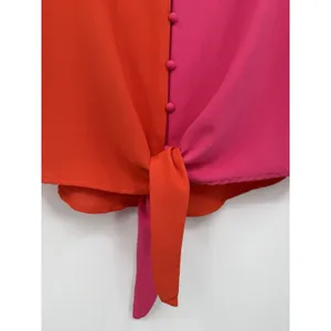 Hot Pink Orange Blouse V Neck Button Down Tie Knot Front Bell Sleeves Small Top thumbnail 6