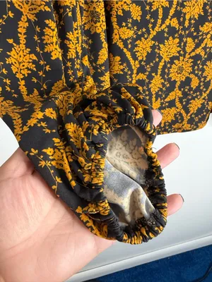 Ann Taylor Black Mustard Floral Puff Sleeve Blouse Large Workwear Office Career thumbnail 7