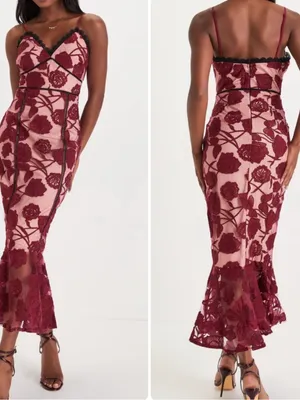 Lulus Alluring Dream Burgundy Floral Mesh Lace Trumpet Midi Dress thumbnail 2
