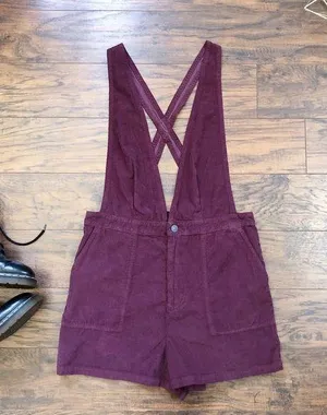 American Eagle • burgundy corduroy overall shorts romper shortalls maroon romper thumbnail 1
