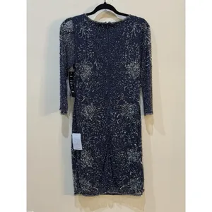 Pisarro Nights Navy Beaded V-neck Cocktail Dress Size 8 $238 MSRP thumbnail 4