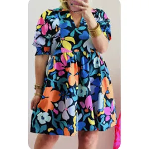 Floral‎ Maximalist Mini Dress Women Sz L Collar Bright Summer Puff Cotton thumbnail 3
