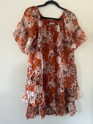 Rust Orange Silk Floral Mini Dress XS Euro Summer Resort Romantic Flutter Sleeve thumbnail 1