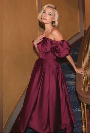 MAC DUGGAL 20706 Plum Off The Shoulder Tea Length Dress Sz 8 thumbnail 1