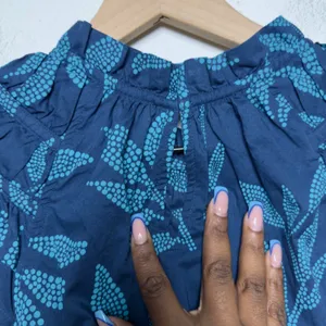 J. Crew Women 100% Cotton Preppy Top‎ XS Blue Leaf Print Ruffle Flutter Sleeve thumbnail 8