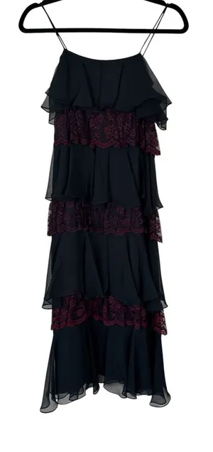Vintage 90s Black Burgundy Lace Tiered Maxi Dress Womens S Whimsigoth Witchy thumbnail 1
