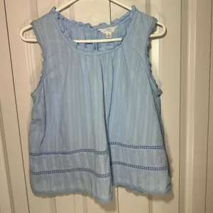 Flowy Lace Inset Tank Top Cotton Blouse Med Blue Eyelet Ruffle Coastal Natural thumbnail 2