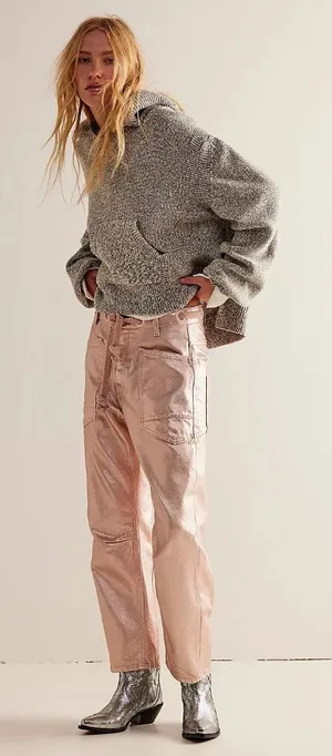 NWT We The Free People Moxie in Bubblegum Pink Metallic Barrel Jeans 27 thumbnail 1